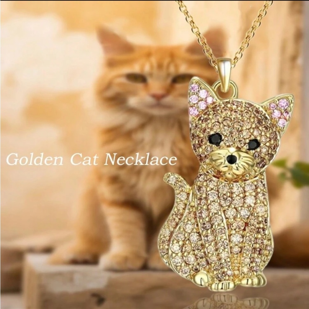 Gold Tone Rhinestone Cat Necklace